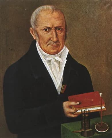 Oil painting portrait of Alessandro Volta, an older man in a dark coat holding a red book, with a device on a table beside him.
