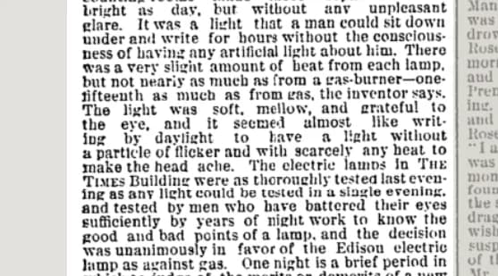 Black-and-white newspaper column of dense printed text describing tests of Edison's electric lamps in the New York Times Building.