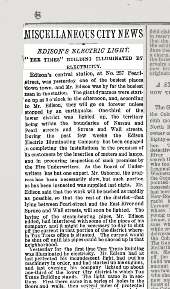 Black-and-white newspaper clipping headlined 'Miscellaneous City News, Edison's Electric Light, The Times Building Illuminated by Electricity' above a column of text.
