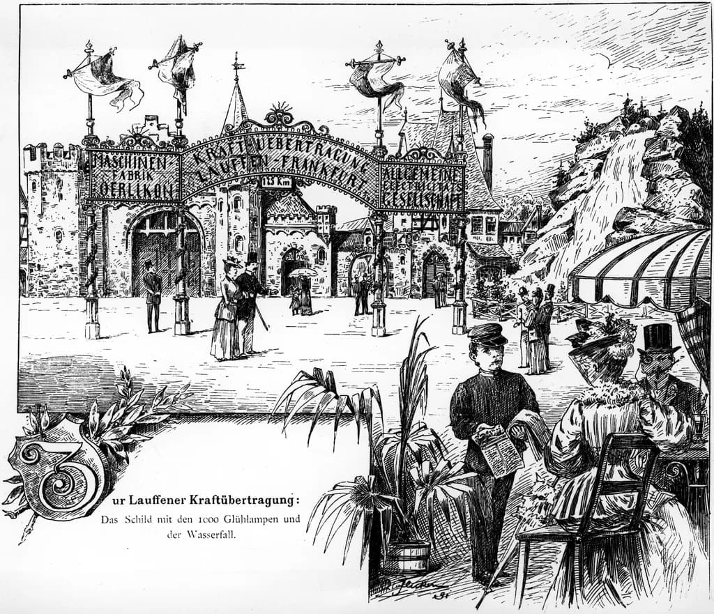 Black-and-white engraving of an ornate castle-like exhibition gateway with banners and German lettering, a waterfall display and visitors in period dress in the foreground.