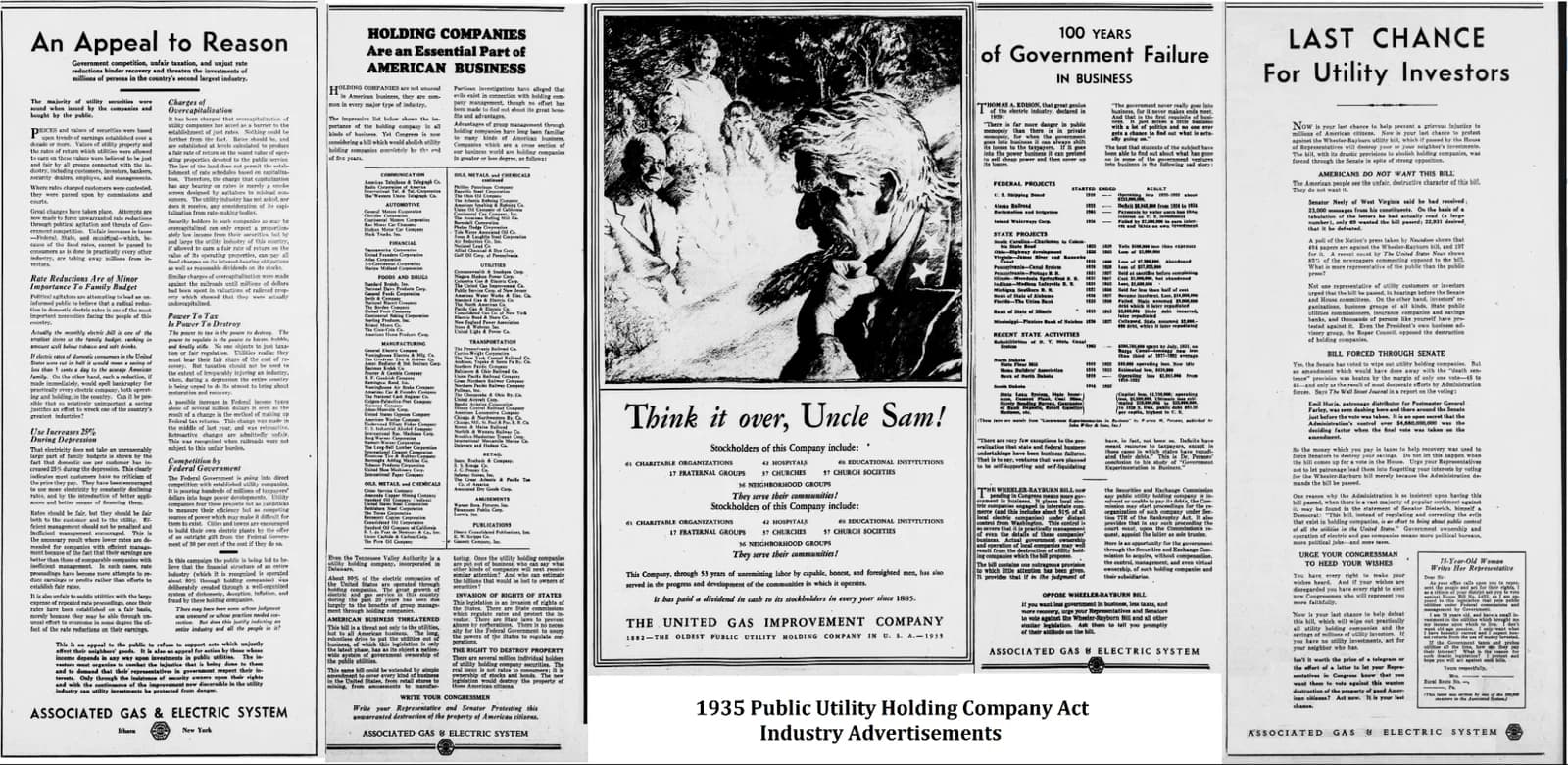 Four scanned 1935 magazine advertisement pages from utility holding companies, with headlines including 'An Appeal to Reason' and 'Think It Over, Uncle Sam!'