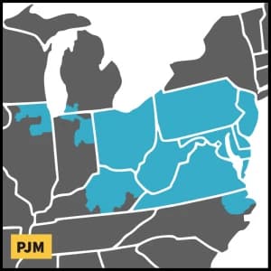 Map of the northeastern United States with Pennsylvania, New Jersey, Ohio, Maryland, Delaware, Virginia and West Virginia highlighted in blue and labeled PJM.