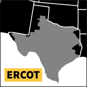 Black and gray map of the south-central United States with Texas highlighted in gray and labeled ERCOT.